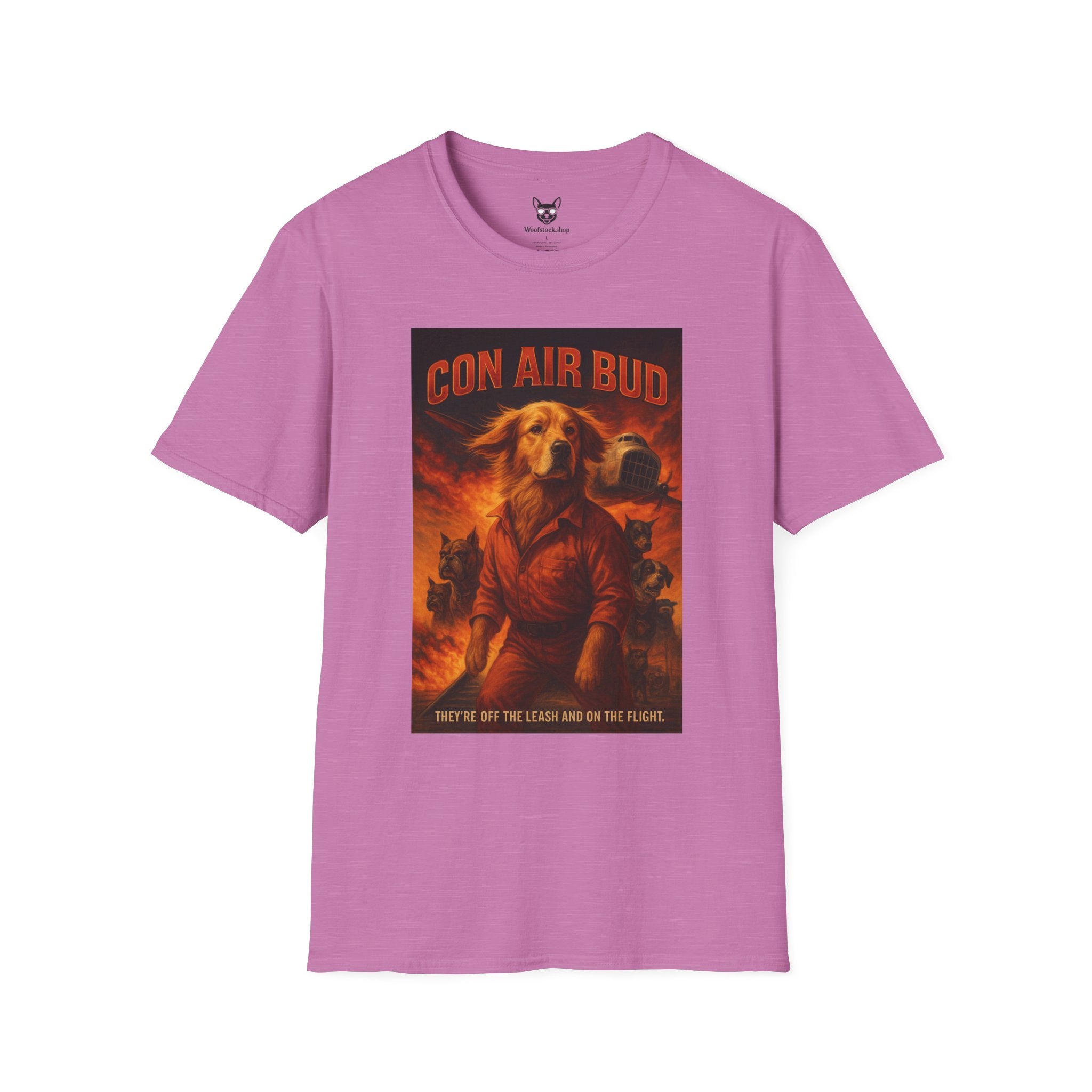 Con Air Movie Poster Dog Parody Unisex Softstyle T-Shirt – Funny Action Movie Tee for Film and Dog Lovers